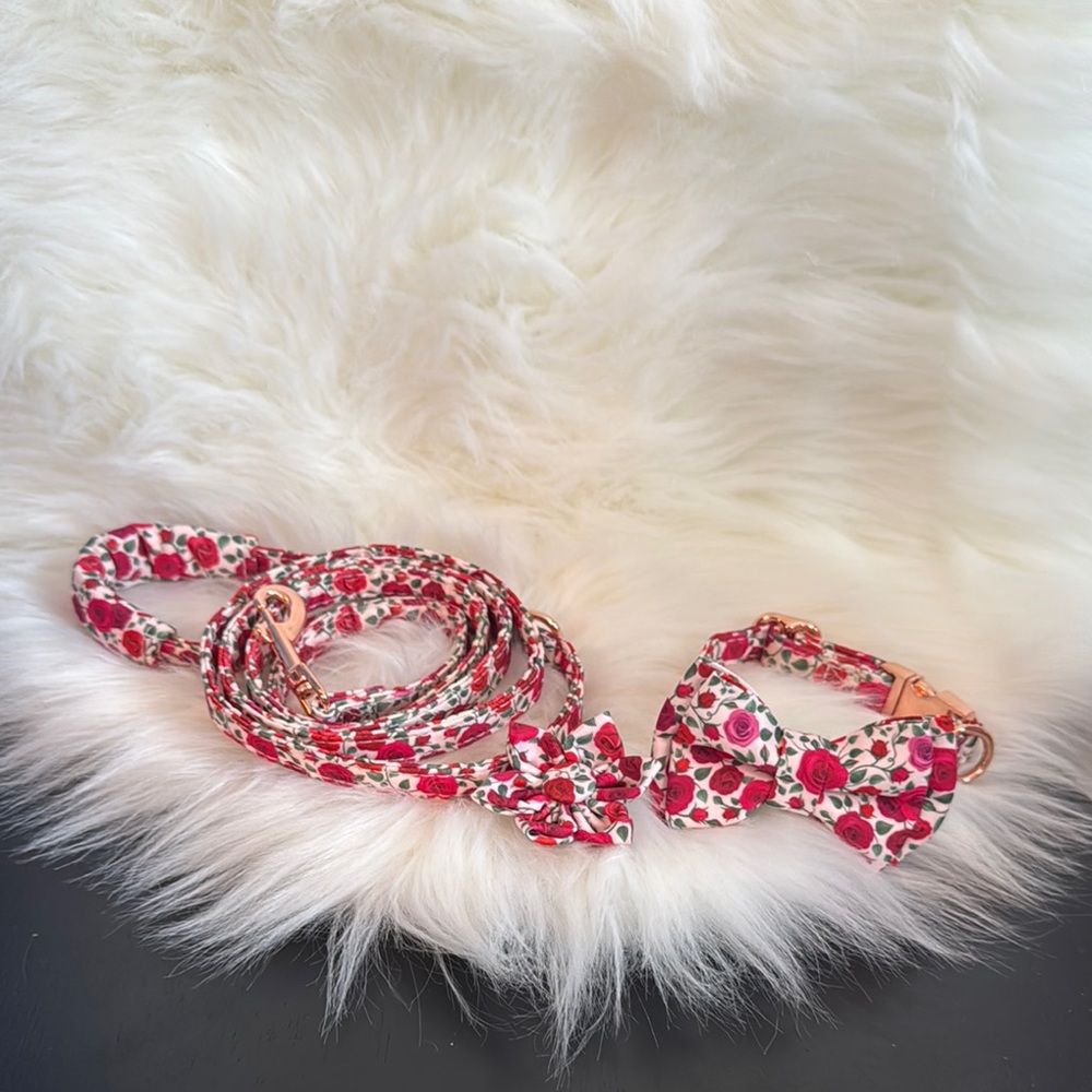Top Paw Red and White Floral Dog Collar and Leash. Interchangeable Bow/Flower XS